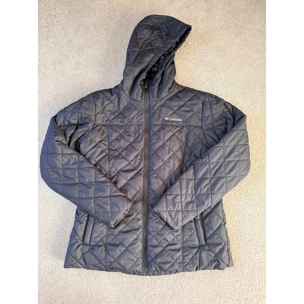 Columbia Womens Black Quilted Hooded Puffer Jacket Faux Fur Lined Large